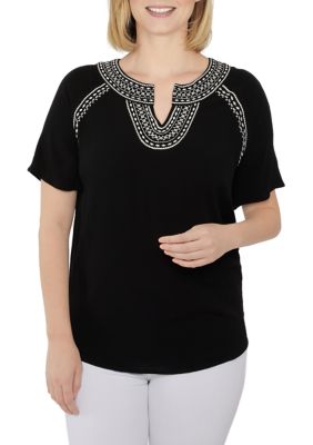 Petite Woven Embroidered Neck Top