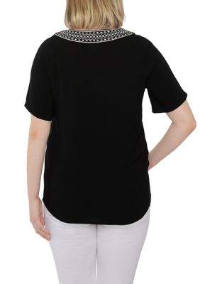 Petite Woven Embroidered Neck Top