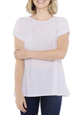 Ruby Rd Women's Petite Knit Solid Swiss Dot Top, White, PS