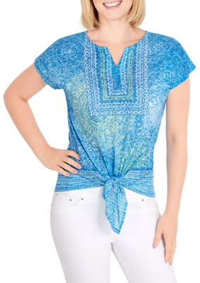 Women's Knit Medallion Print Burnout Top