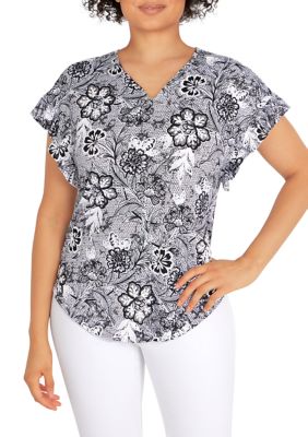 Women's Knit Floral Puff Print Top
