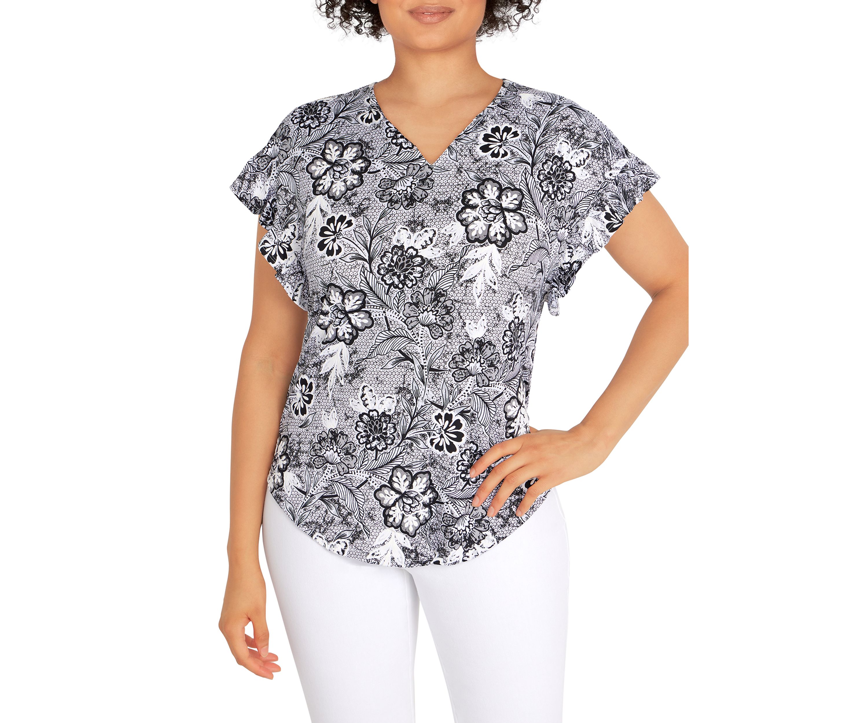 Womens Knit Floral Puff Print Top