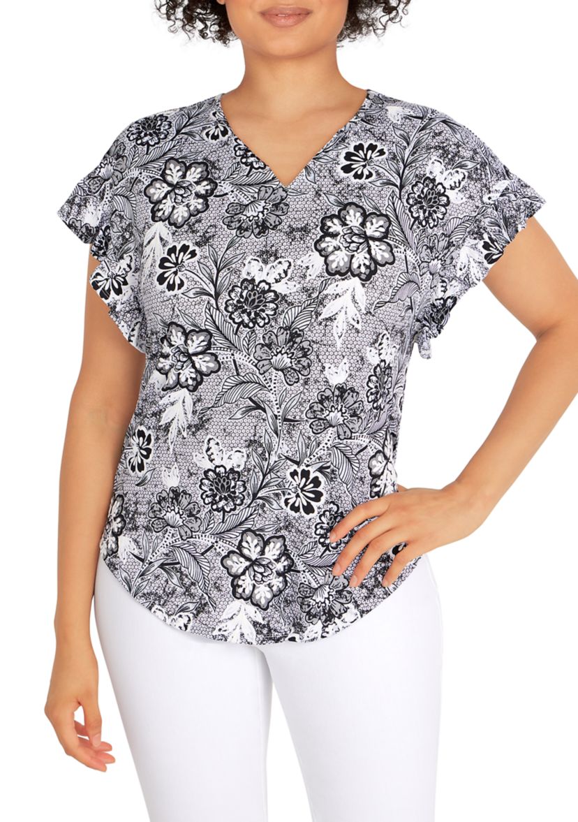 Womens Knit Floral Puff Print Top