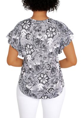 Women's Knit Floral Puff Print Top