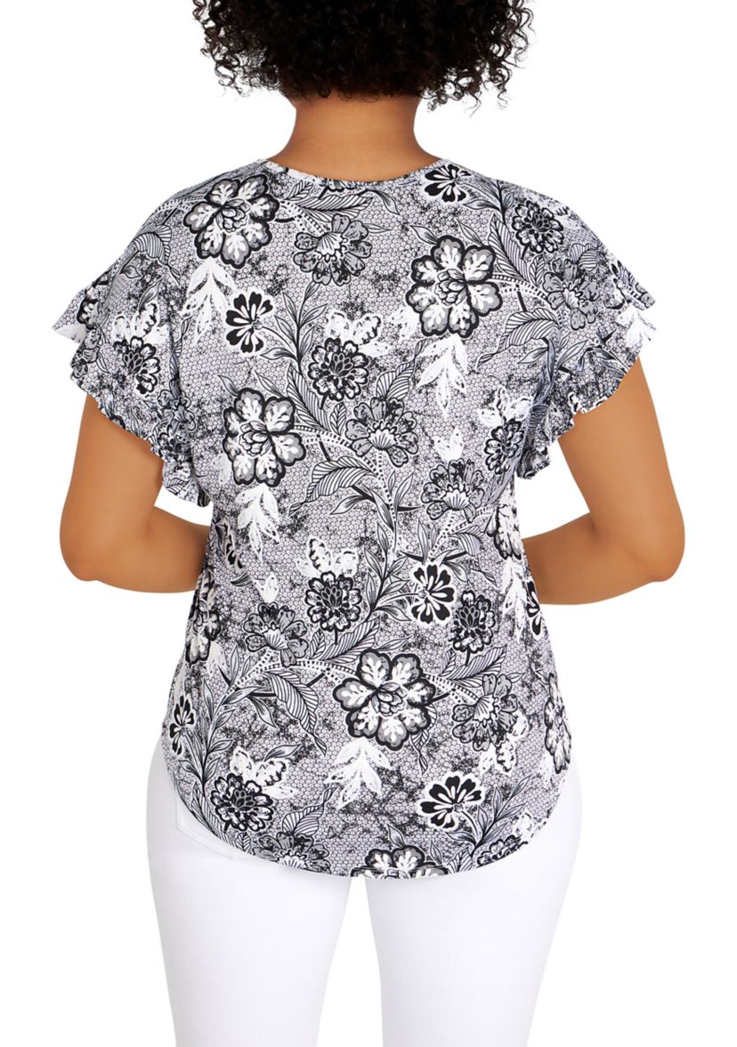 Womens Knit Floral Puff Print Top