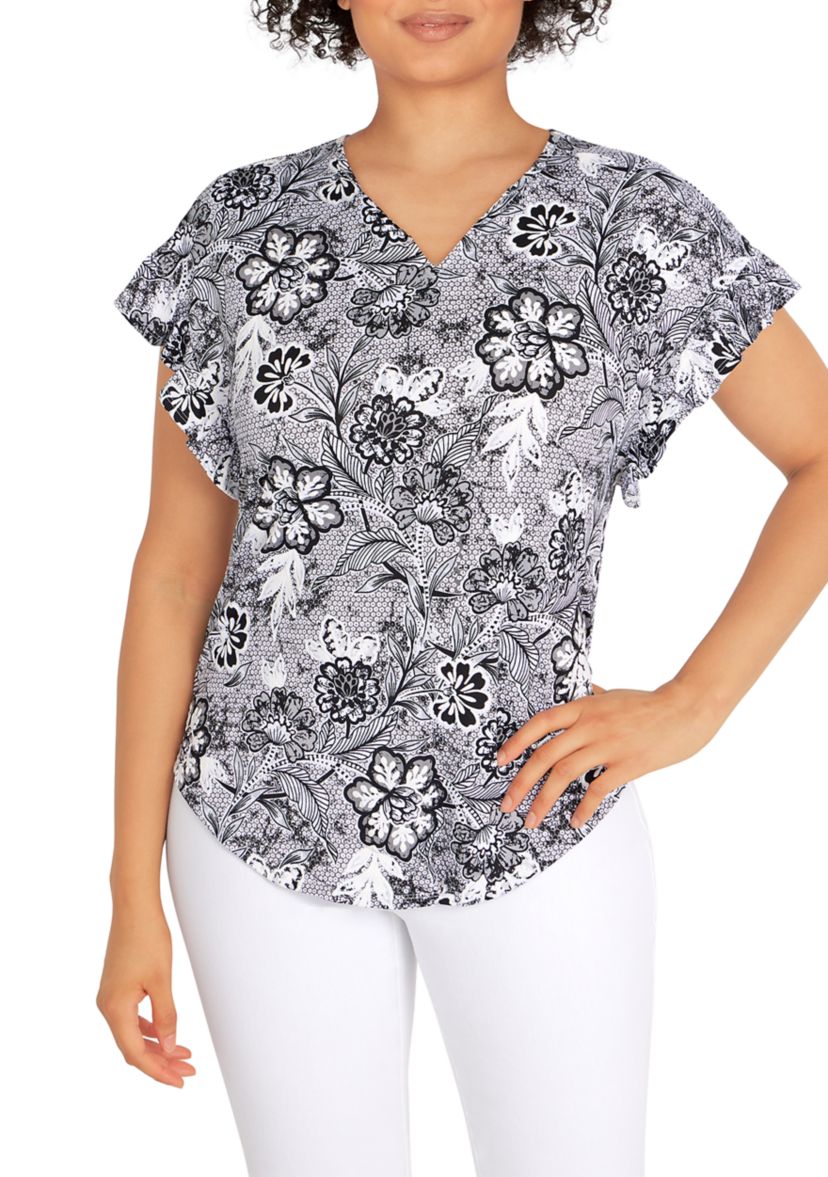 Petite Knit Floral Puff Print Top