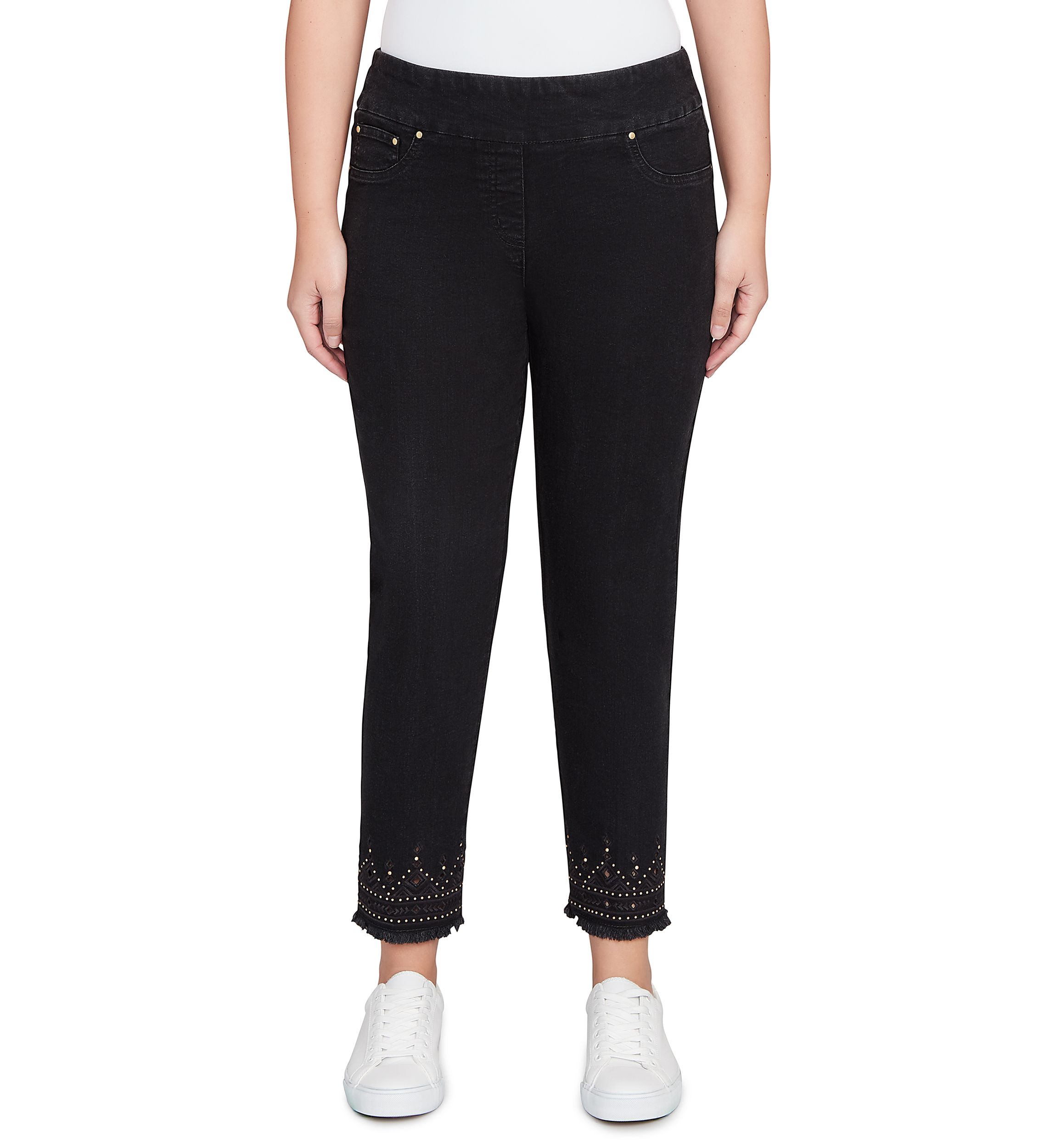 Pull On Embroidered Hem Black Ankle Jeans