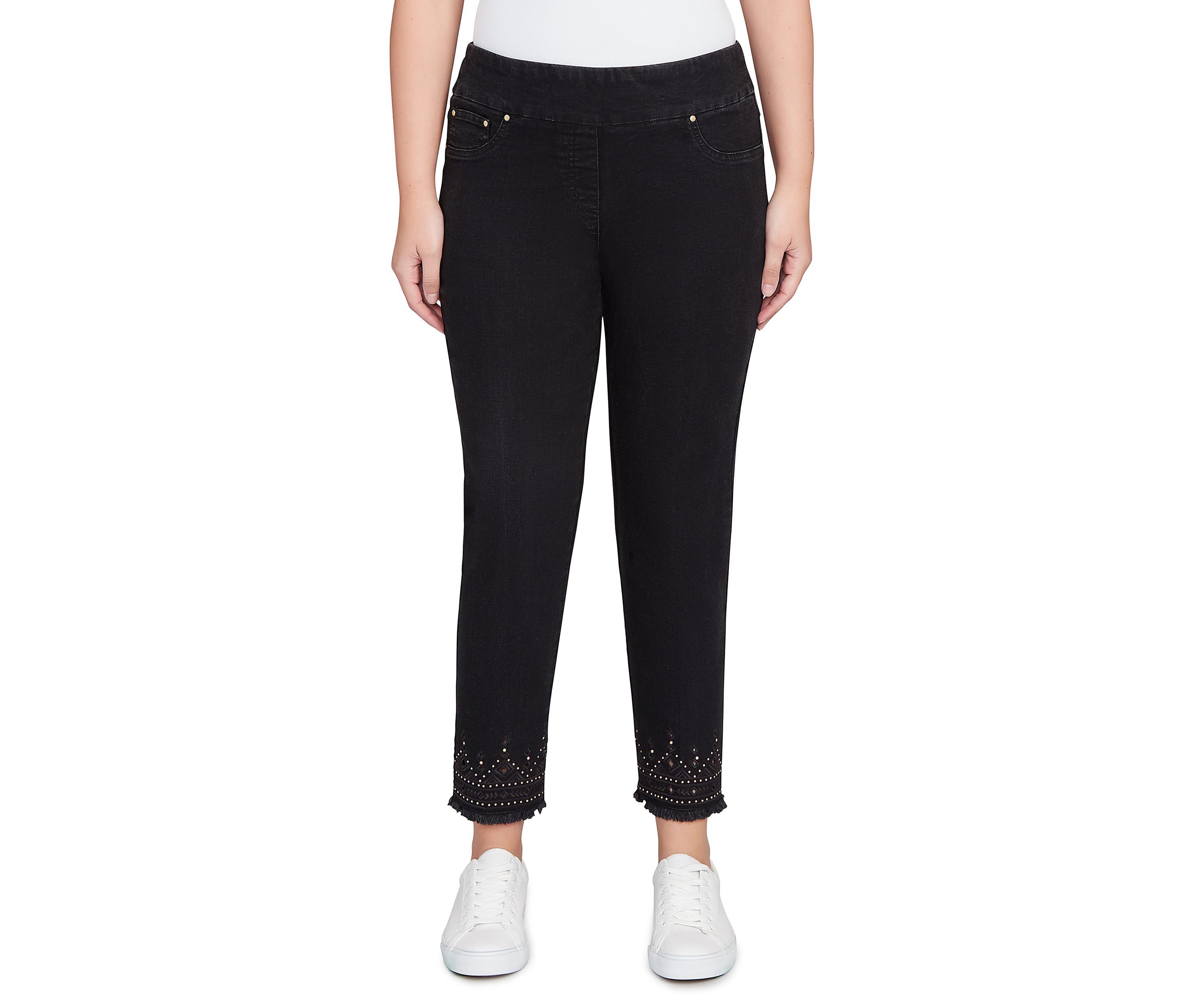 Pull On Embroidered Hem Black Ankle Jeans