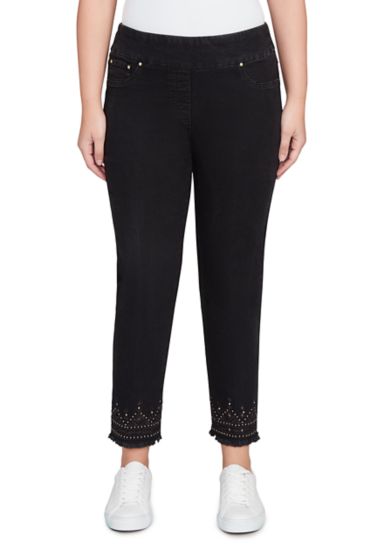 Pull On Embroidered Hem Black Ankle Jeans