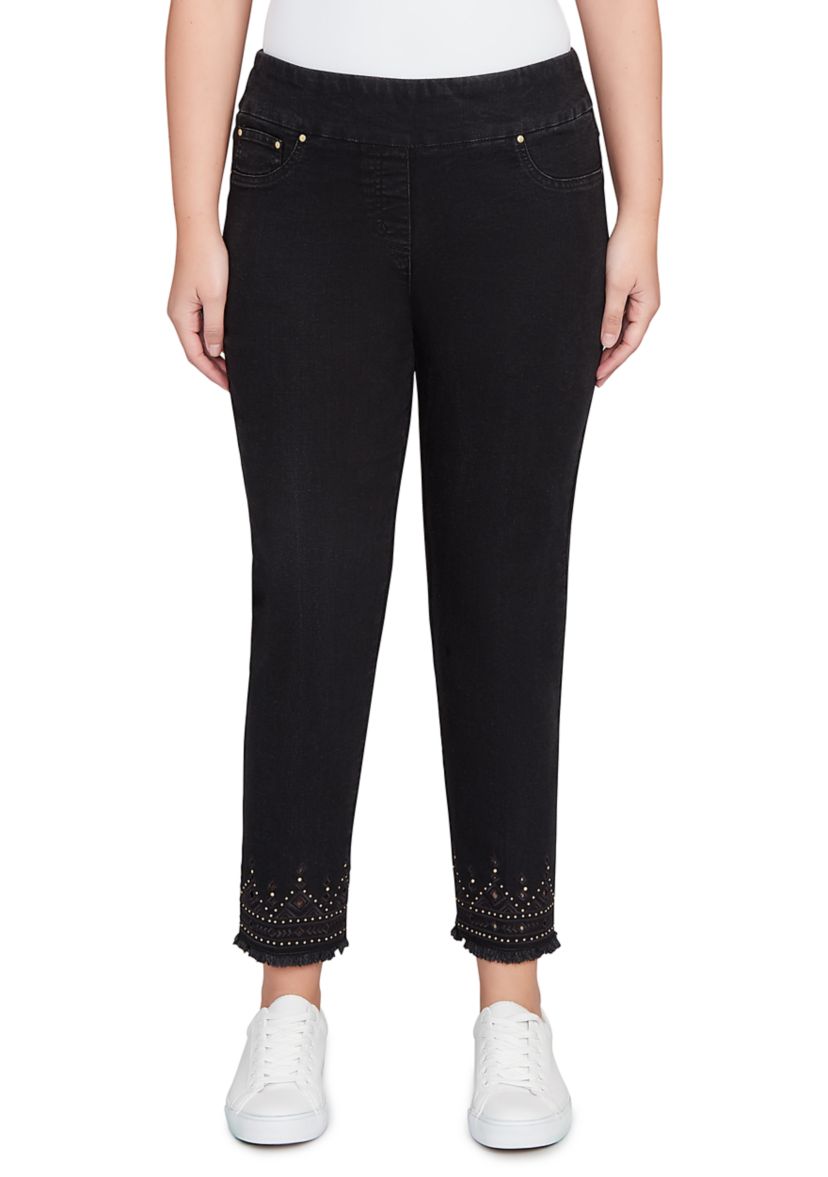 Pull On Embroidered Hem Black Ankle Jeans