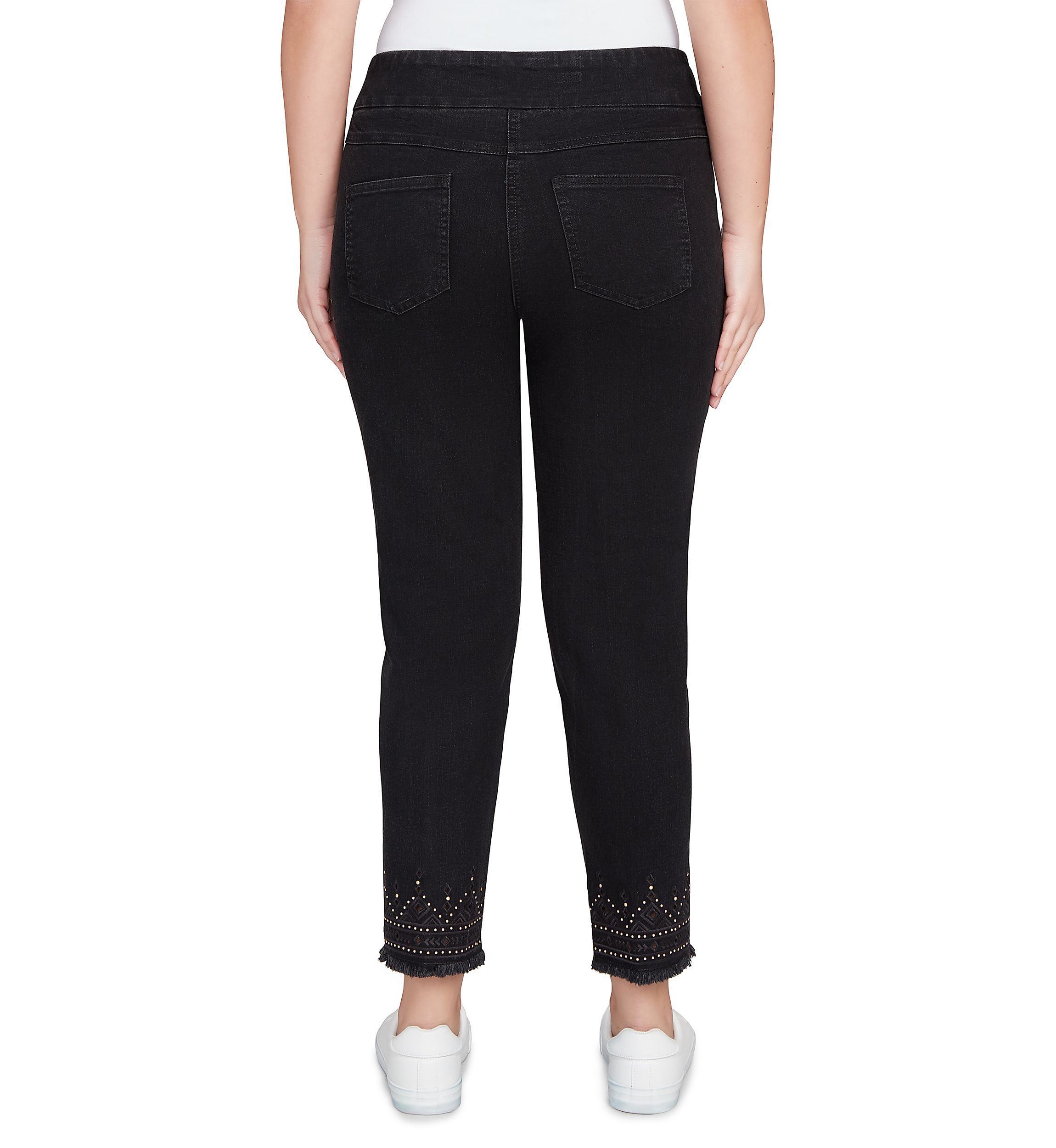 Pull On Embroidered Hem Black Ankle Jeans