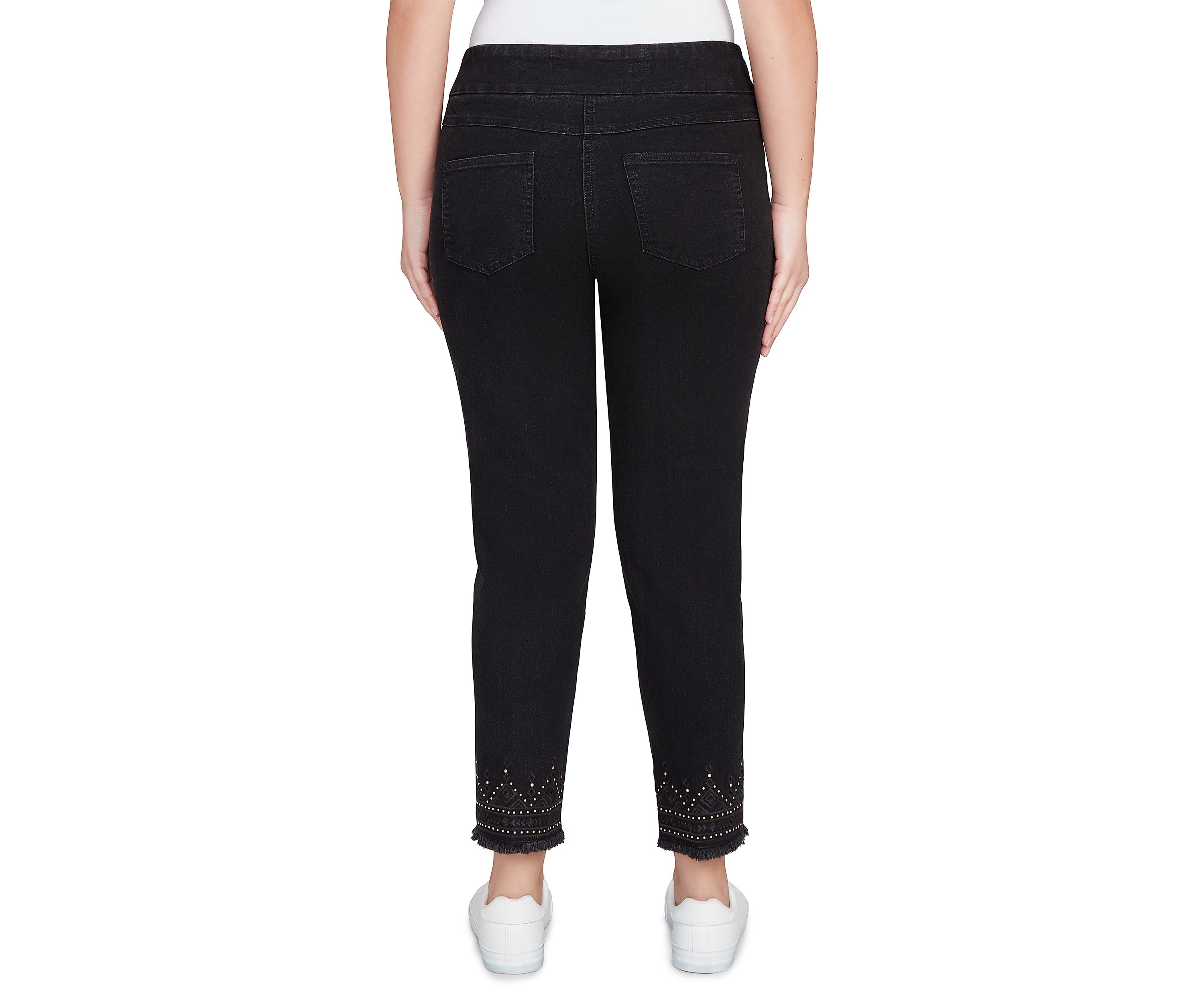 Pull On Embroidered Hem Black Ankle Jeans