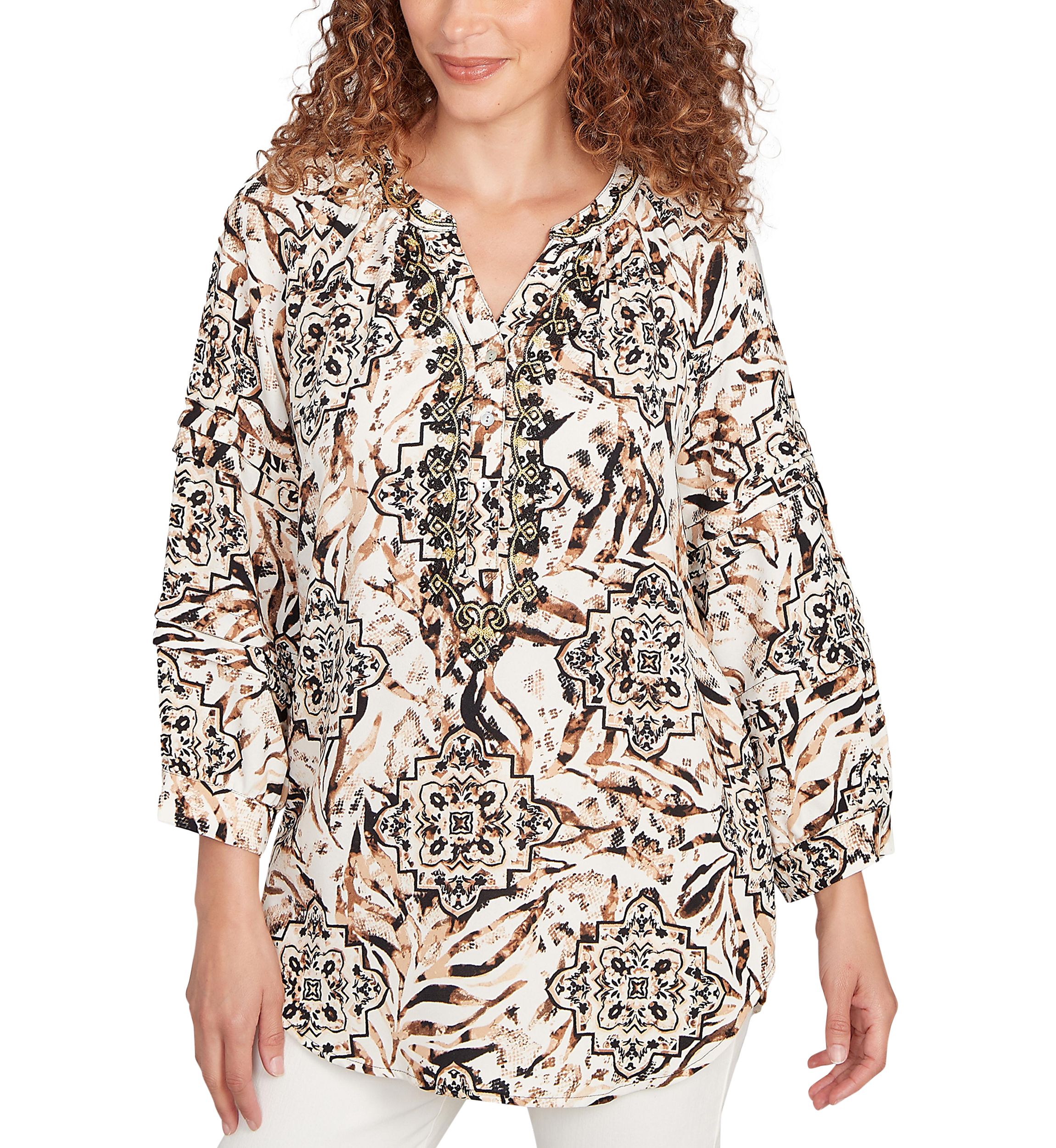 Womens Embellished Animal Crepe Henley Top