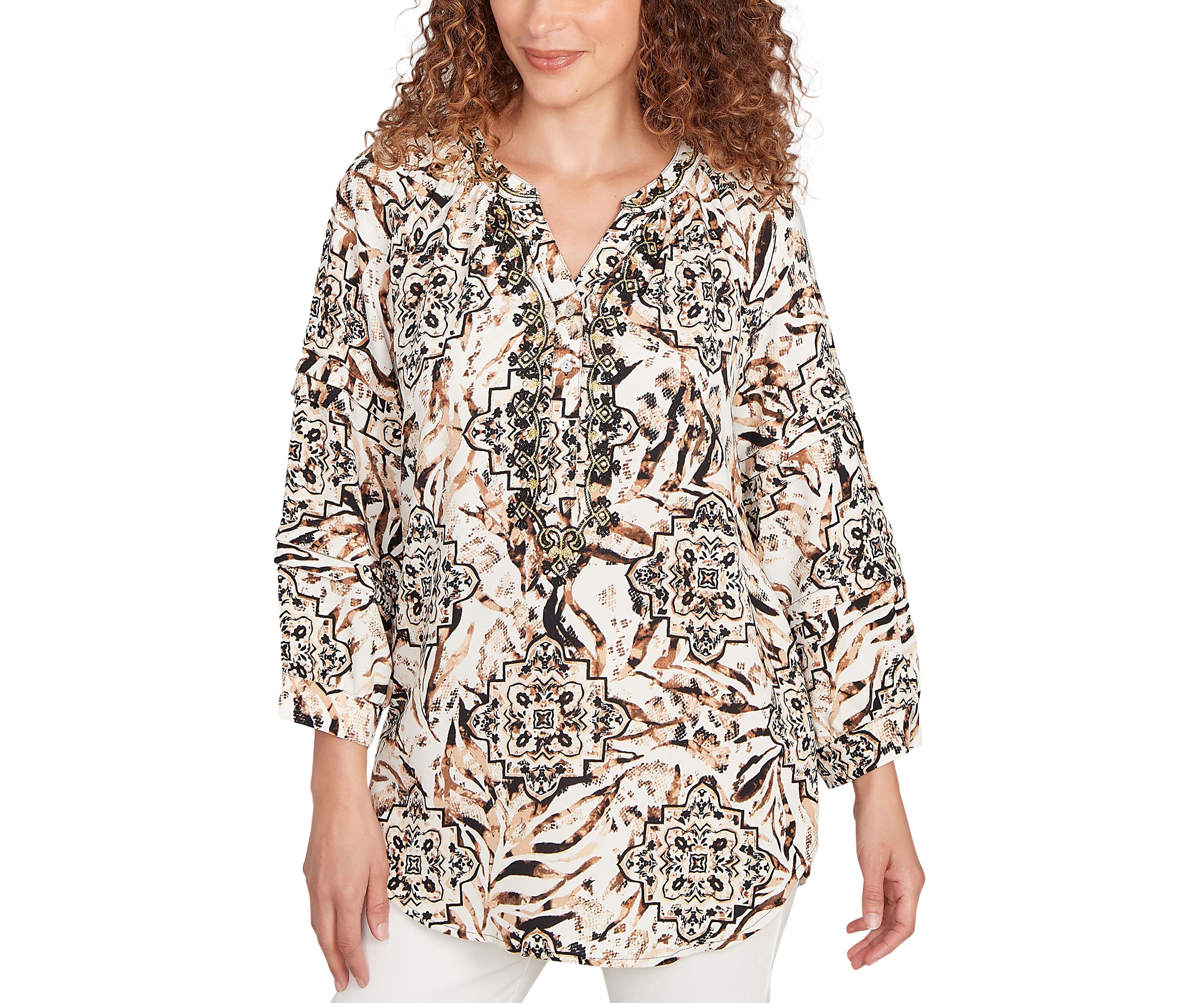 Womens Embellished Animal Crepe Henley Top