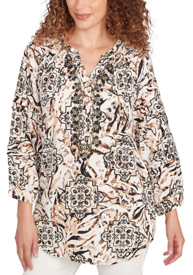 Women's Embellished Animal Crepe Henley Top