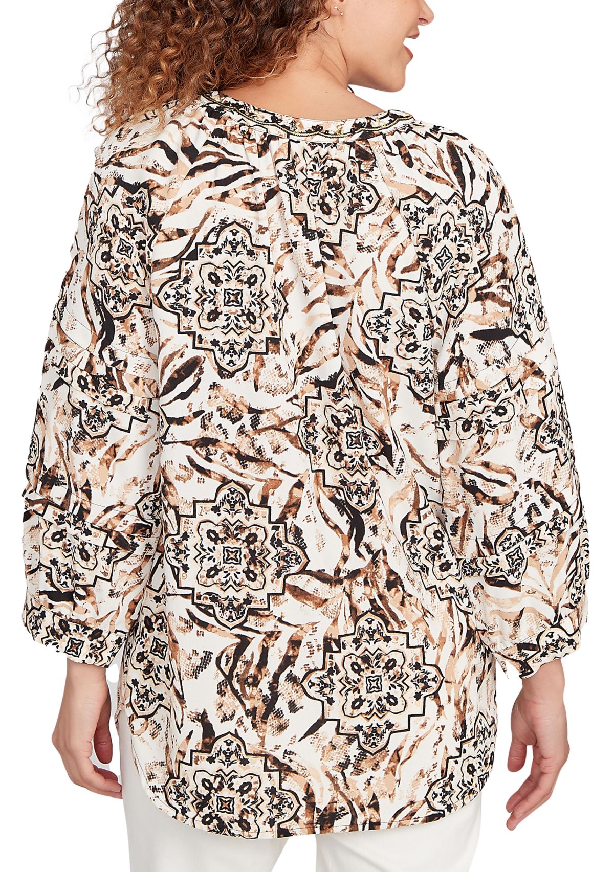 Womens Embellished Animal Crepe Henley Top