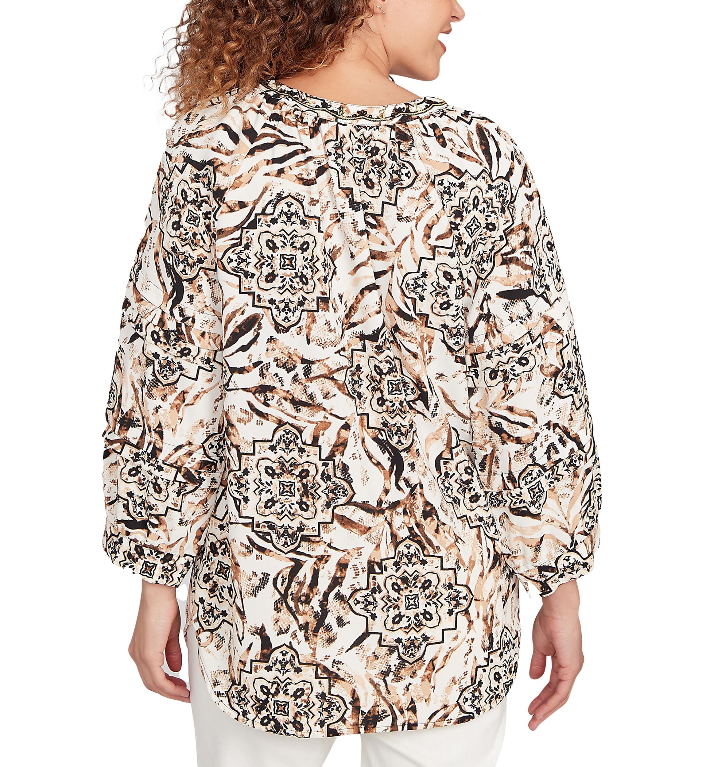 Womens Embellished Animal Crepe Henley Top
