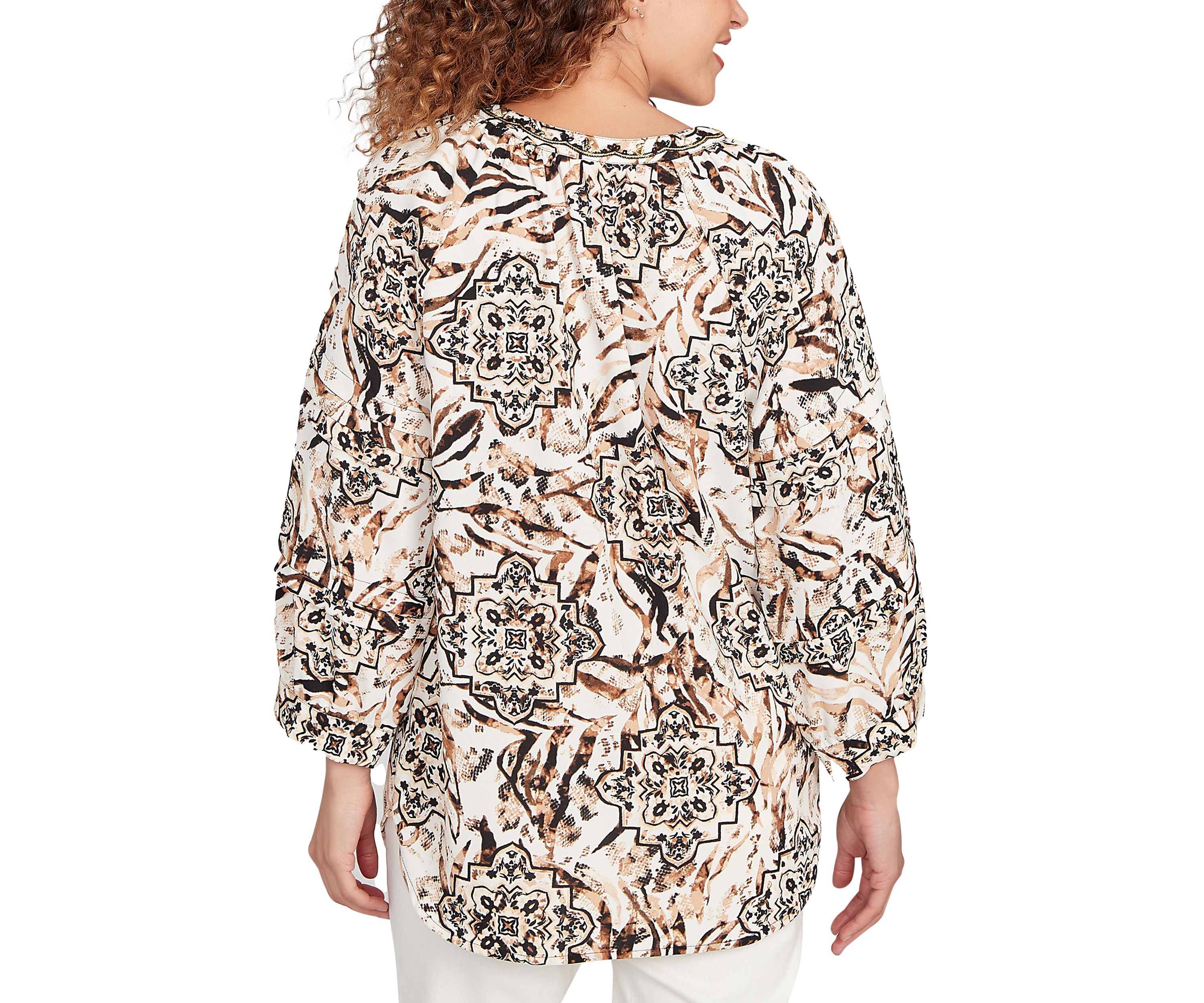 Womens Embellished Animal Crepe Henley Top