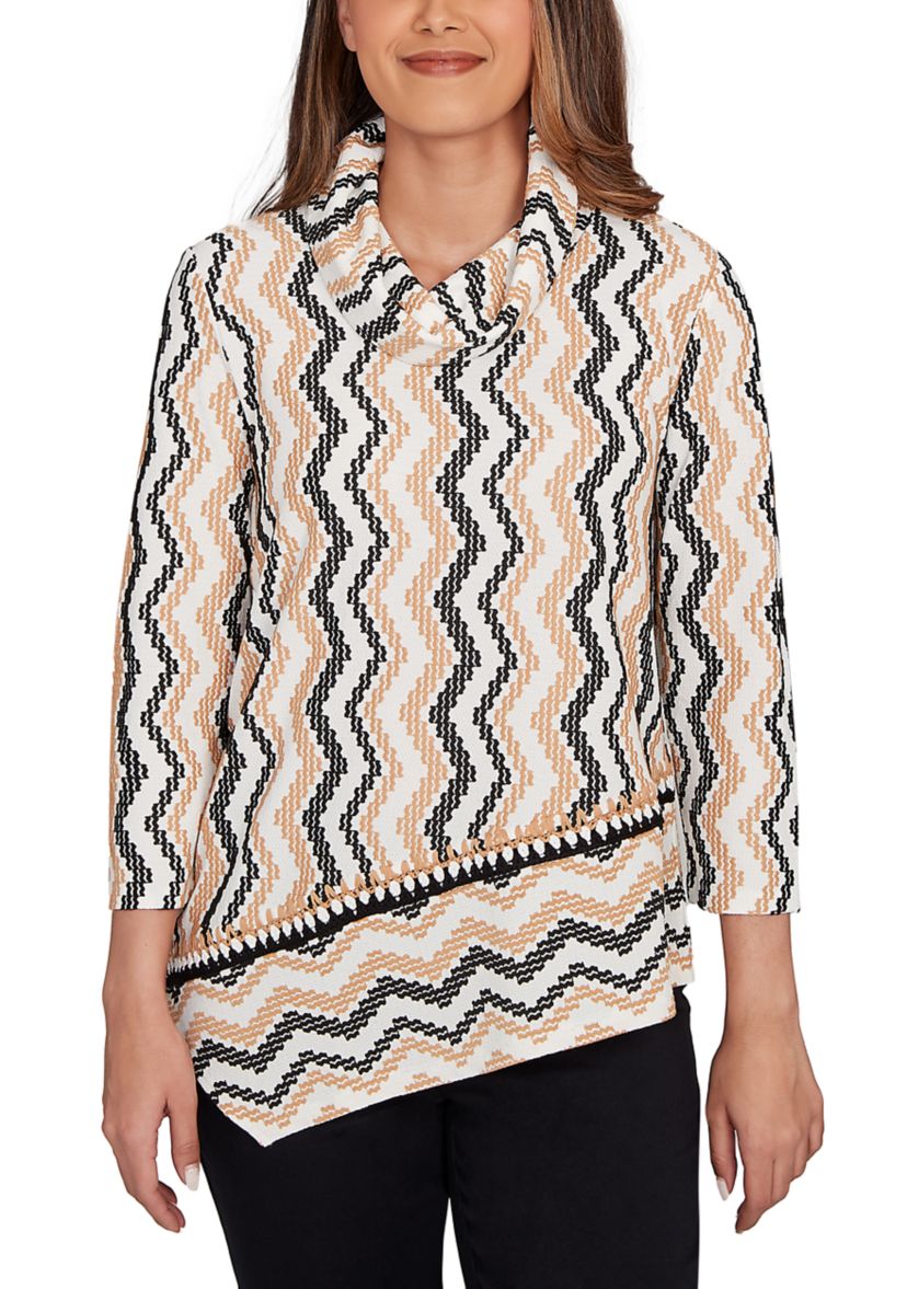 Womens Cowl Neck ZigZig Textured Knit Top