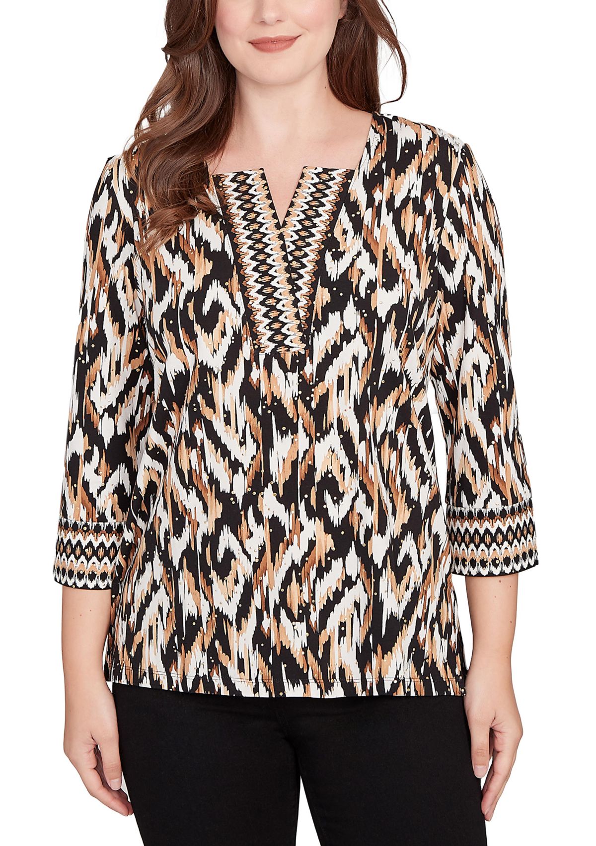 Womens Split Neck Ikat Dewdrop Knit Top