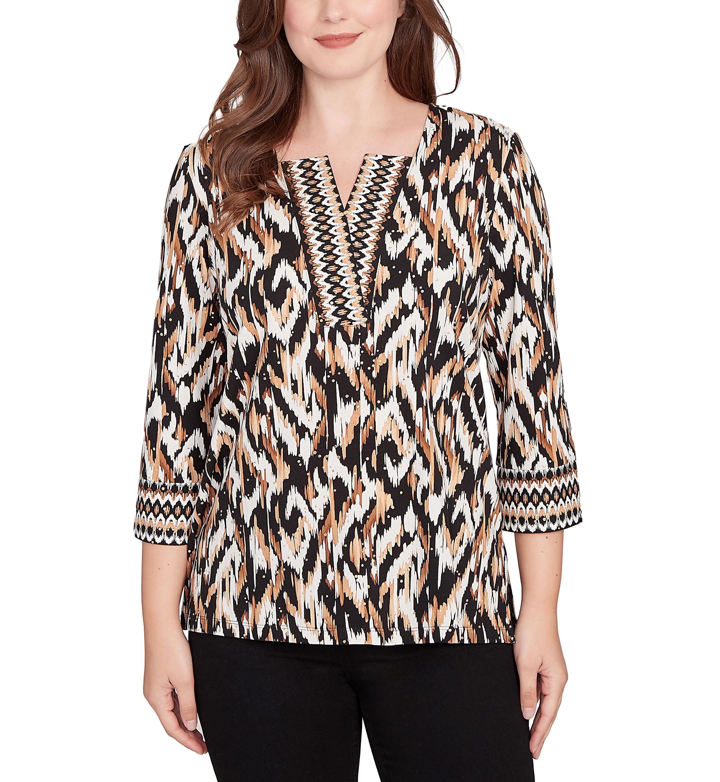 Womens Split Neck Ikat Dewdrop Knit Top