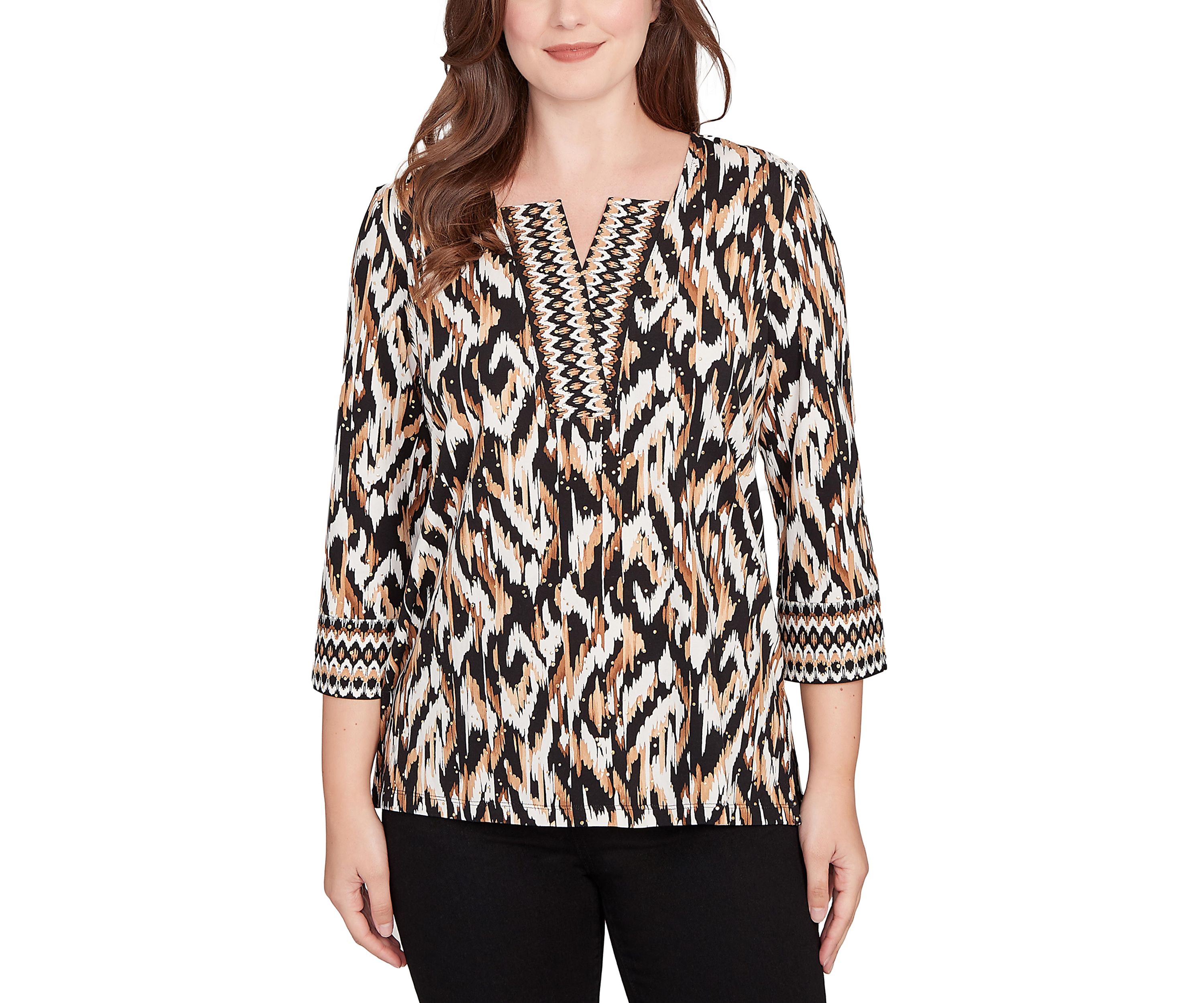 Womens Split Neck Ikat Dewdrop Knit Top