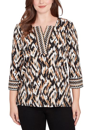 Women's Split Neck Ikat Dewdrop Knit Top