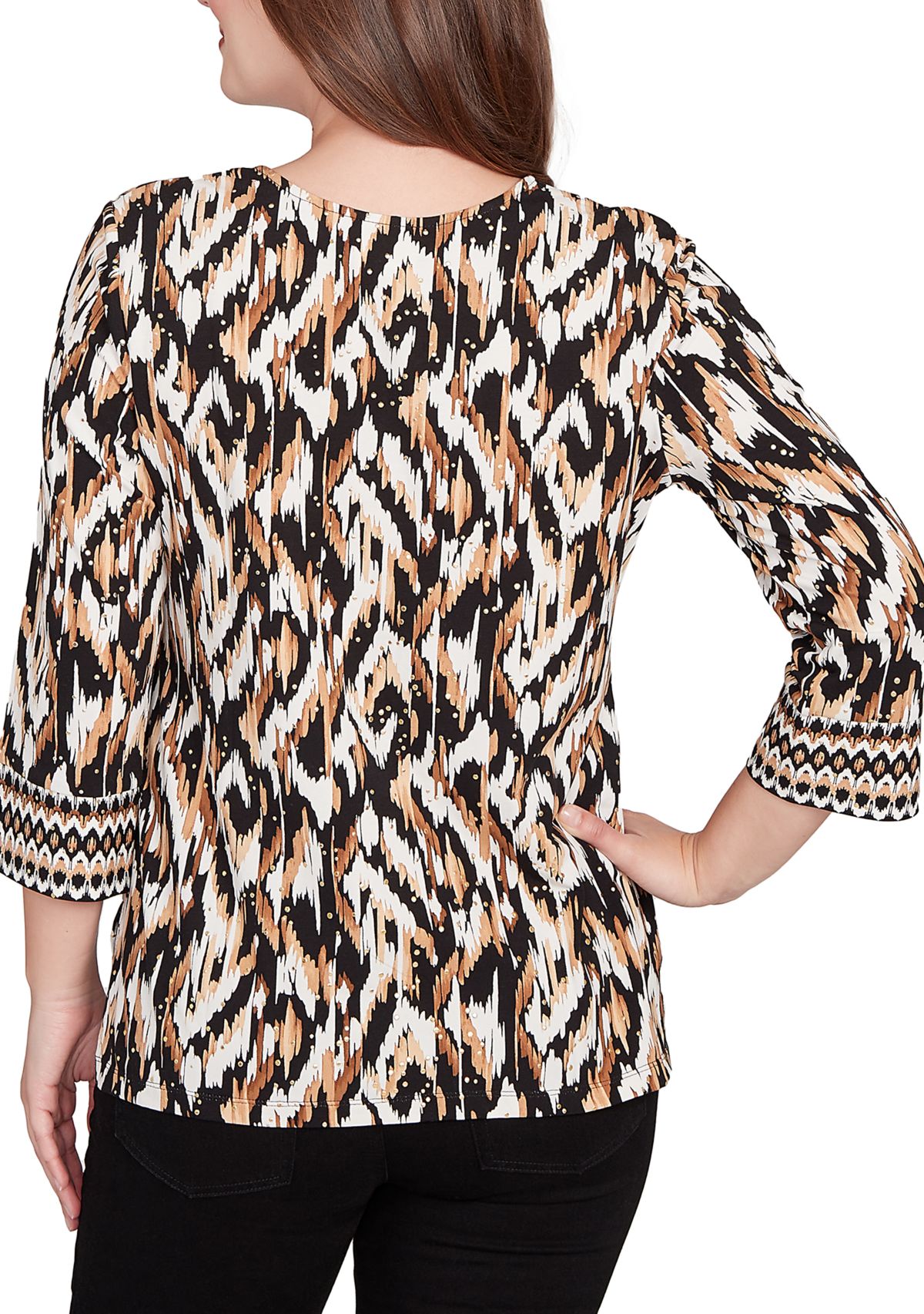 Womens Split Neck Ikat Dewdrop Knit Top