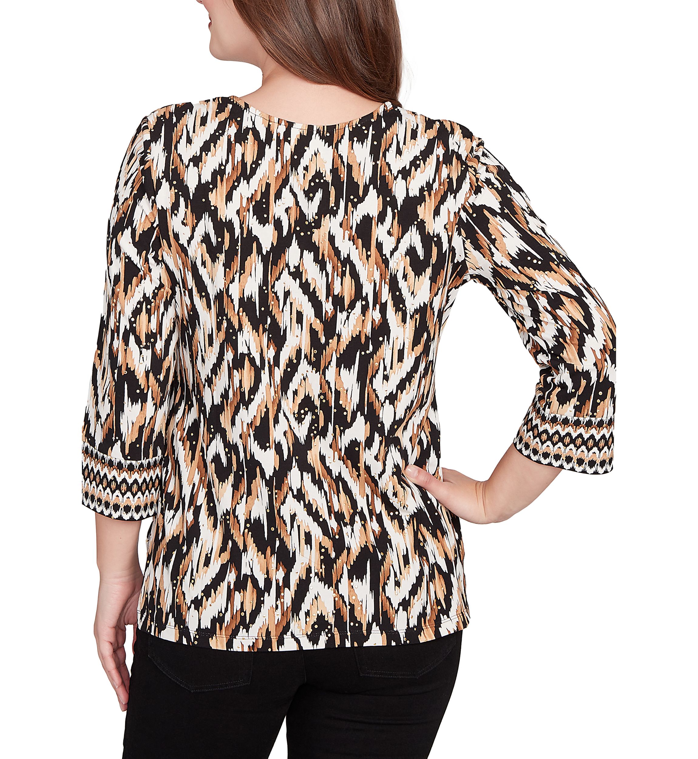 Womens Split Neck Ikat Dewdrop Knit Top