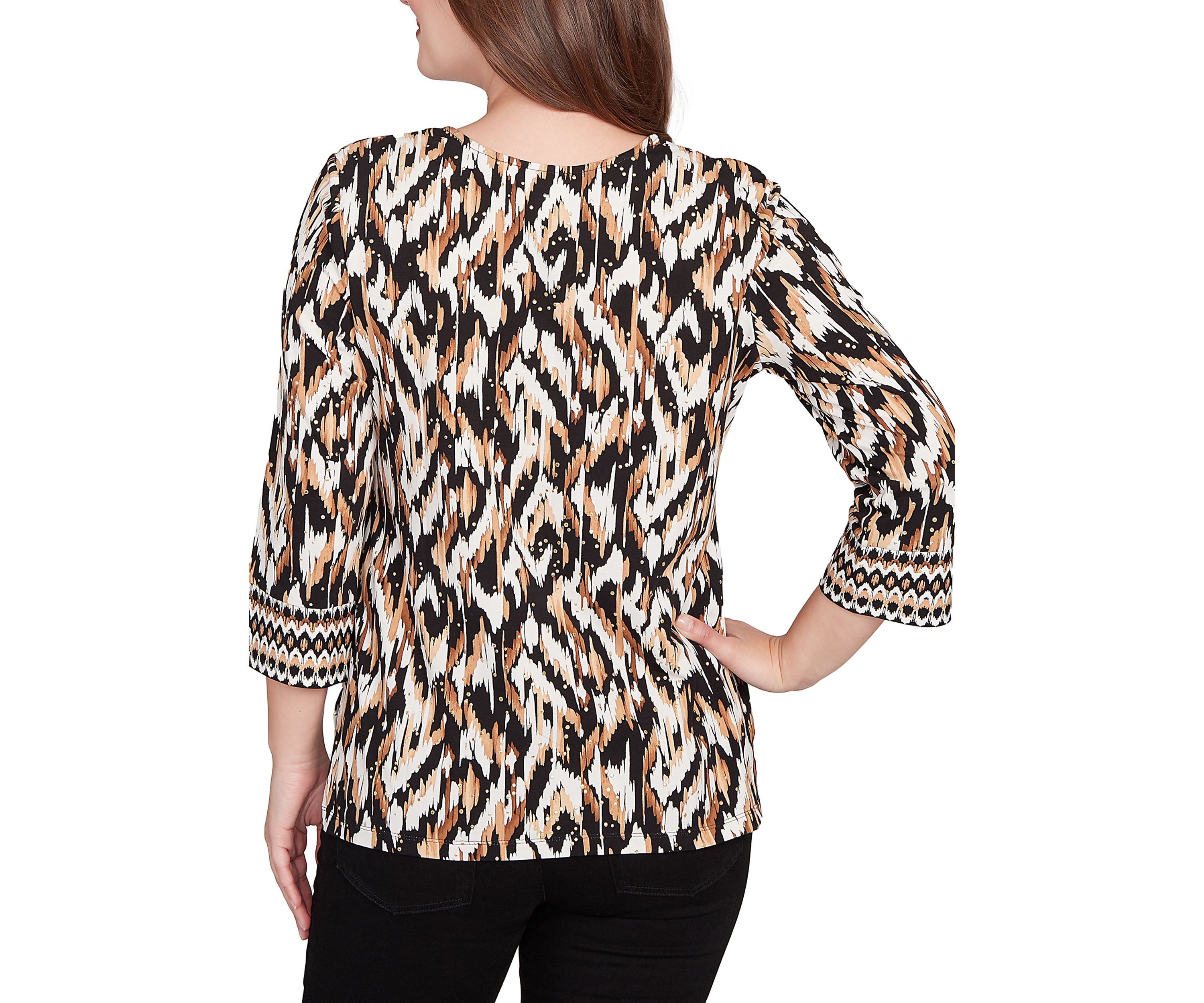 Womens Split Neck Ikat Dewdrop Knit Top