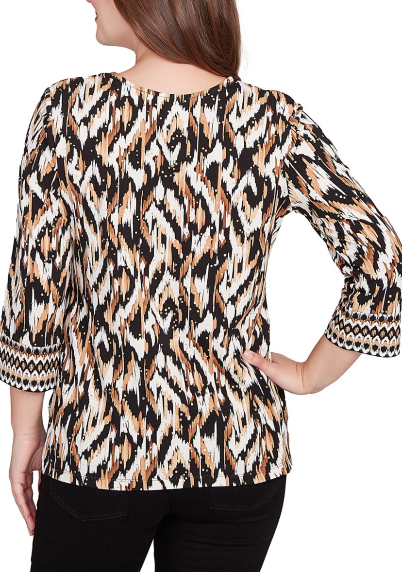 Womens Split Neck Ikat Dewdrop Knit Top