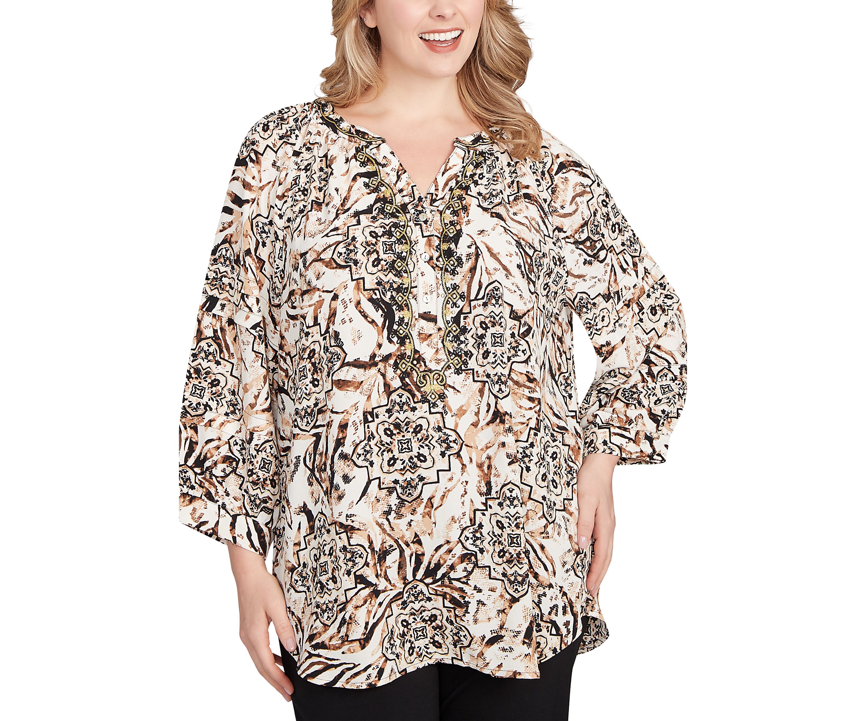 Plus Size Embellished Animal Crepe Henley Top