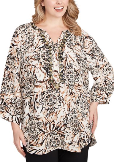 Plus Size Embellished Animal Crepe Henley Top