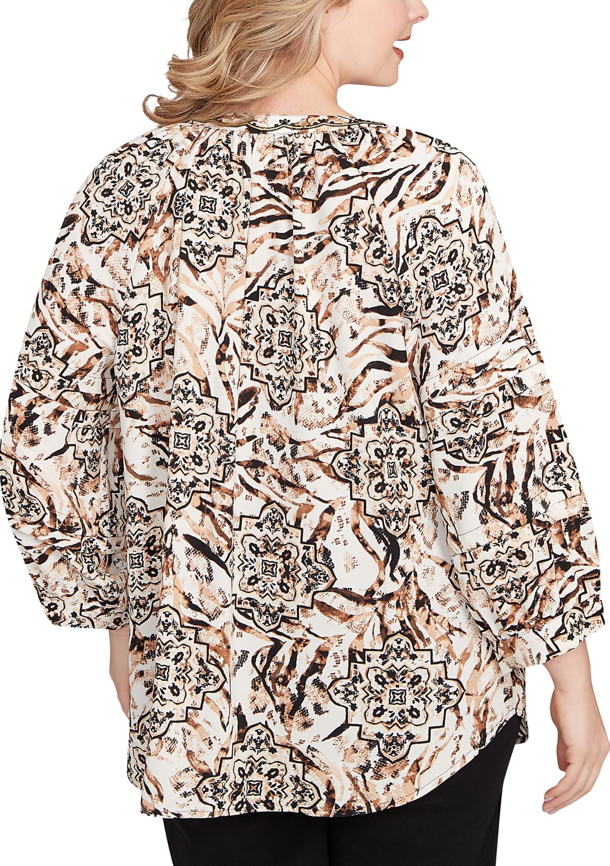 Plus Size Embellished Animal Crepe Henley Top