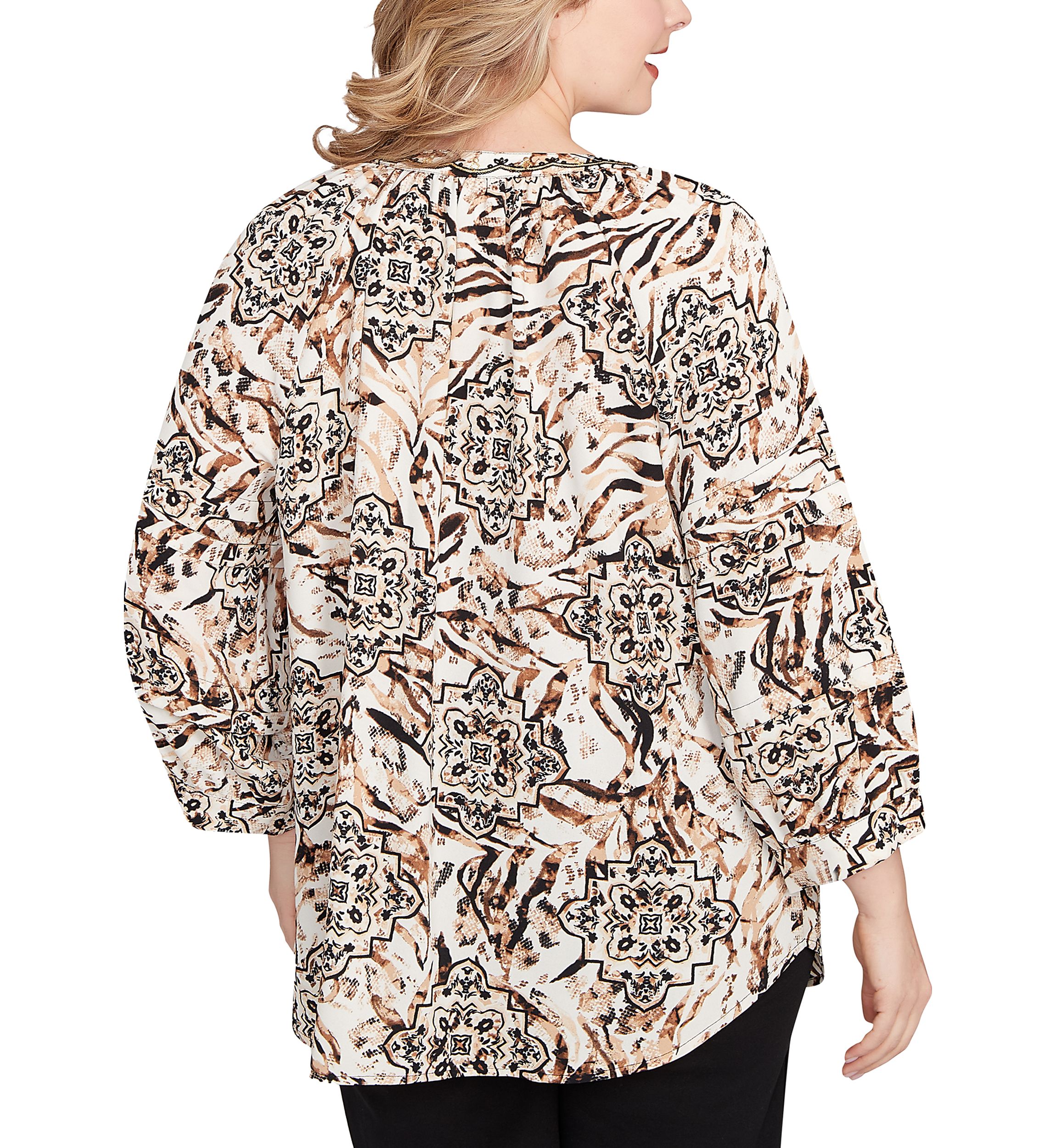 Plus Size Embellished Animal Crepe Henley Top