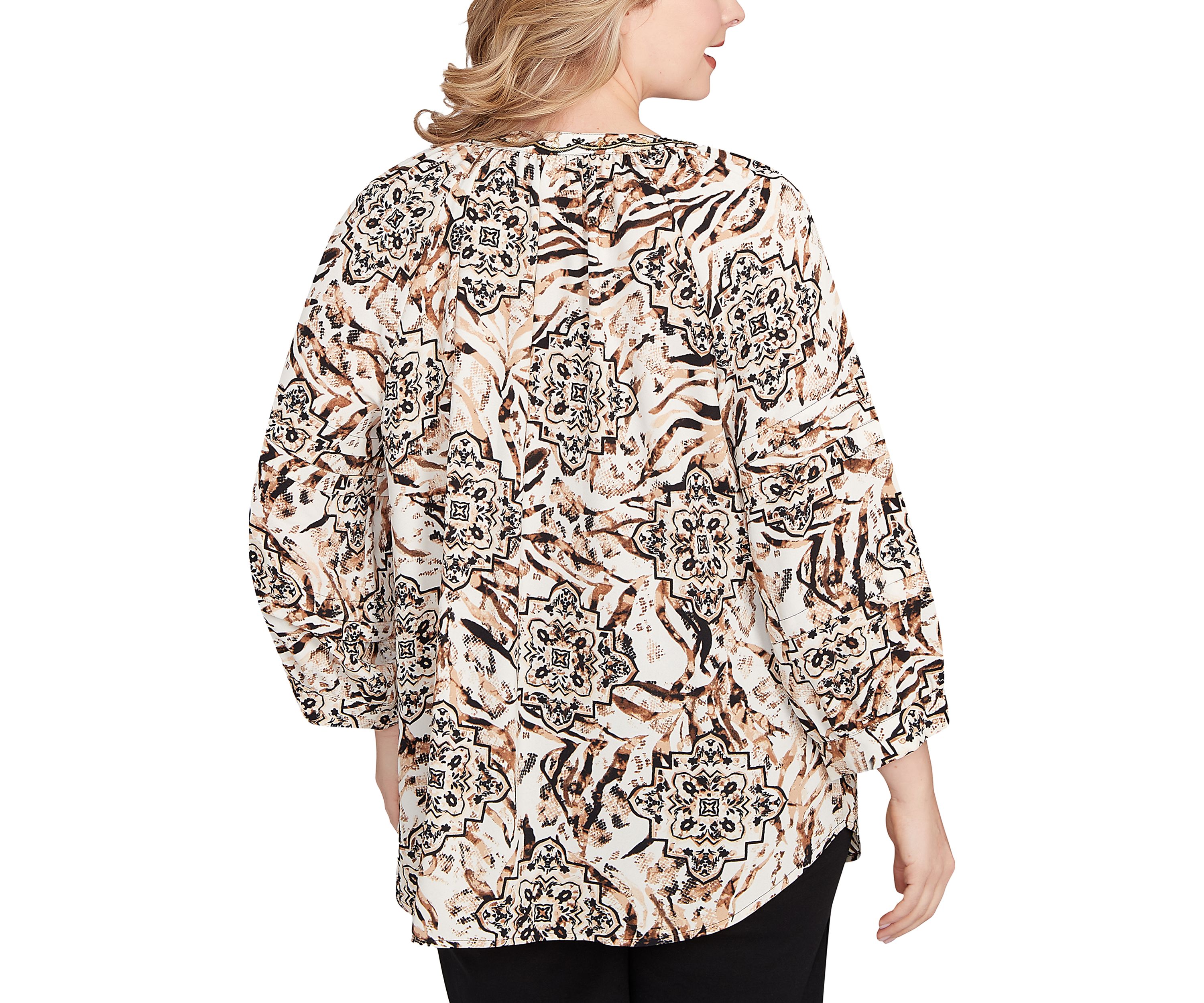 Plus Size Embellished Animal Crepe Henley Top