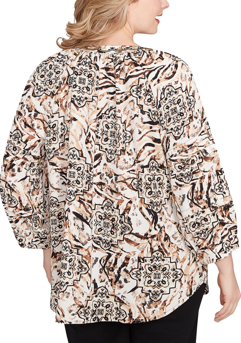 Plus Size Embellished Animal Crepe Henley Top