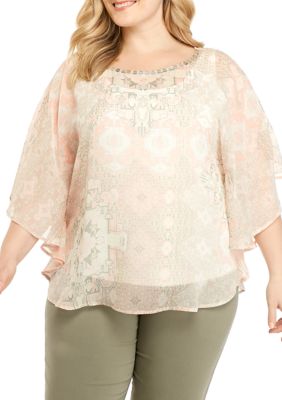 Ruby Rd Plus Size 3/4 Sleeve Embellished Scoop Neck Butterfly Top | belk