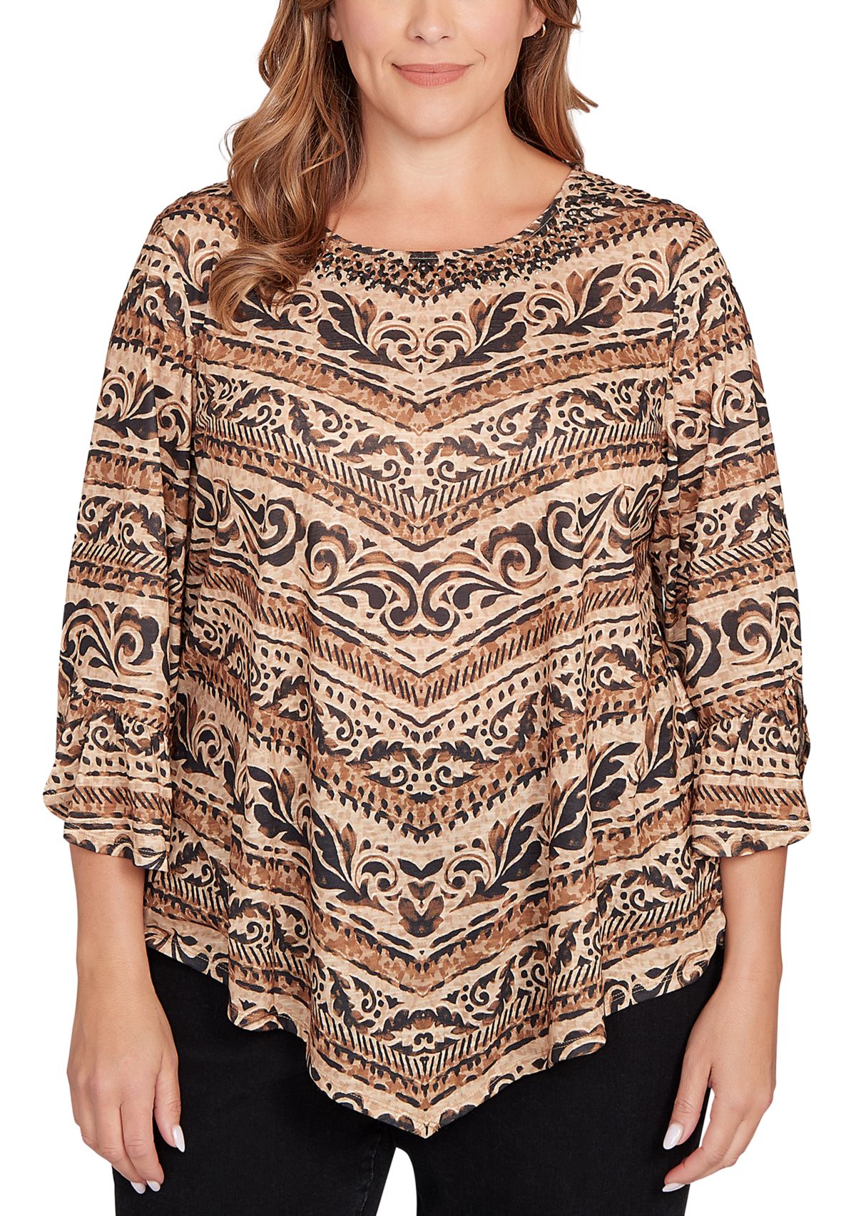 Plus Size Chevron Scroll Embellished Top
