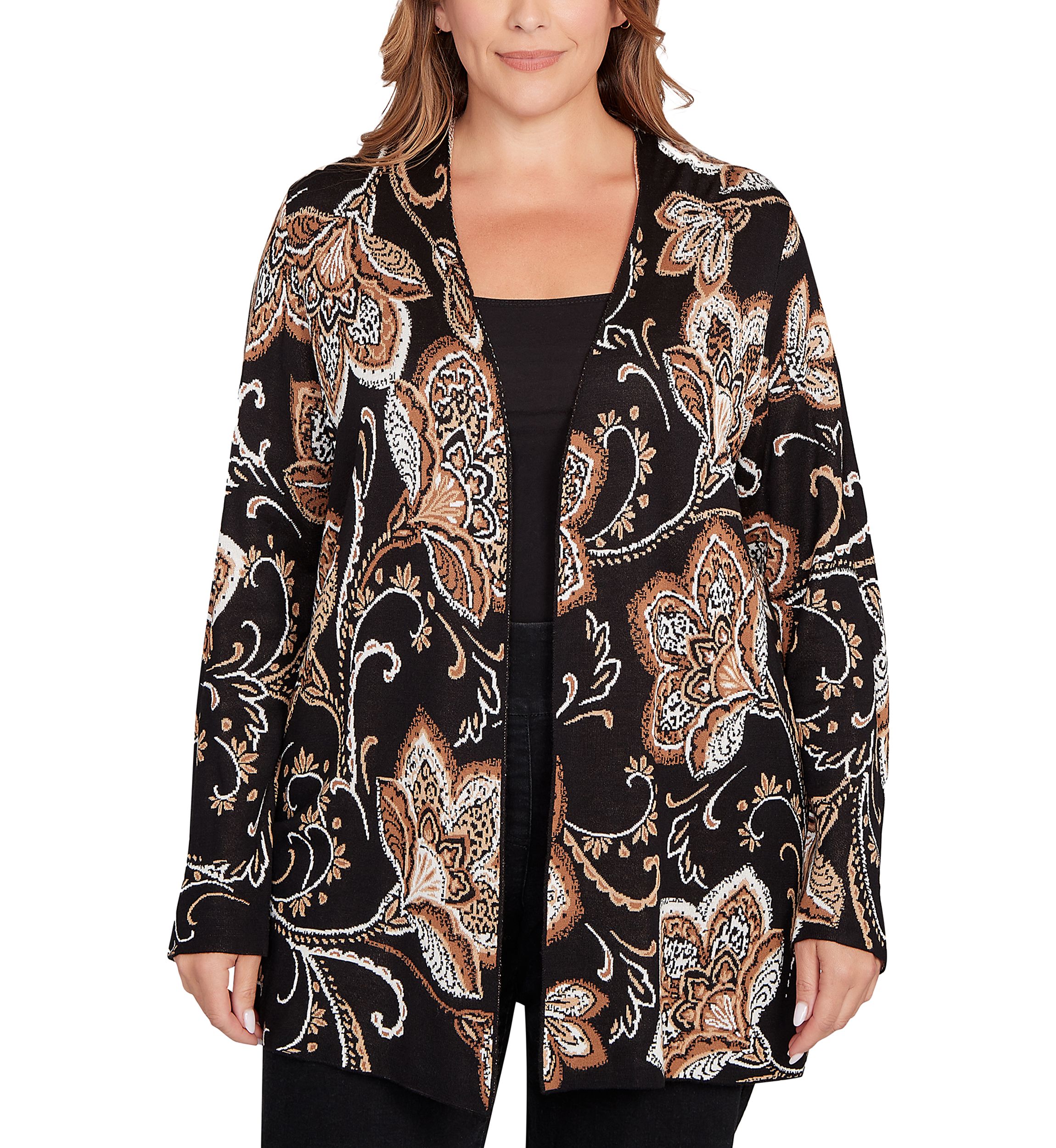 Plus Size  Floral Jacquard Sweater Cardigan
