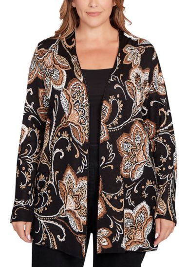 Plus Size  Floral Jacquard Sweater Cardigan