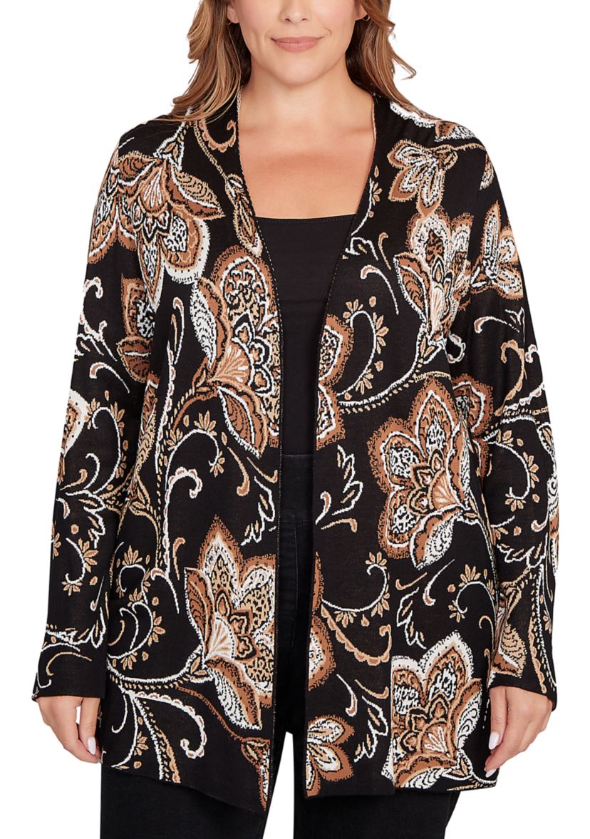 Plus Size  Floral Jacquard Sweater Cardigan