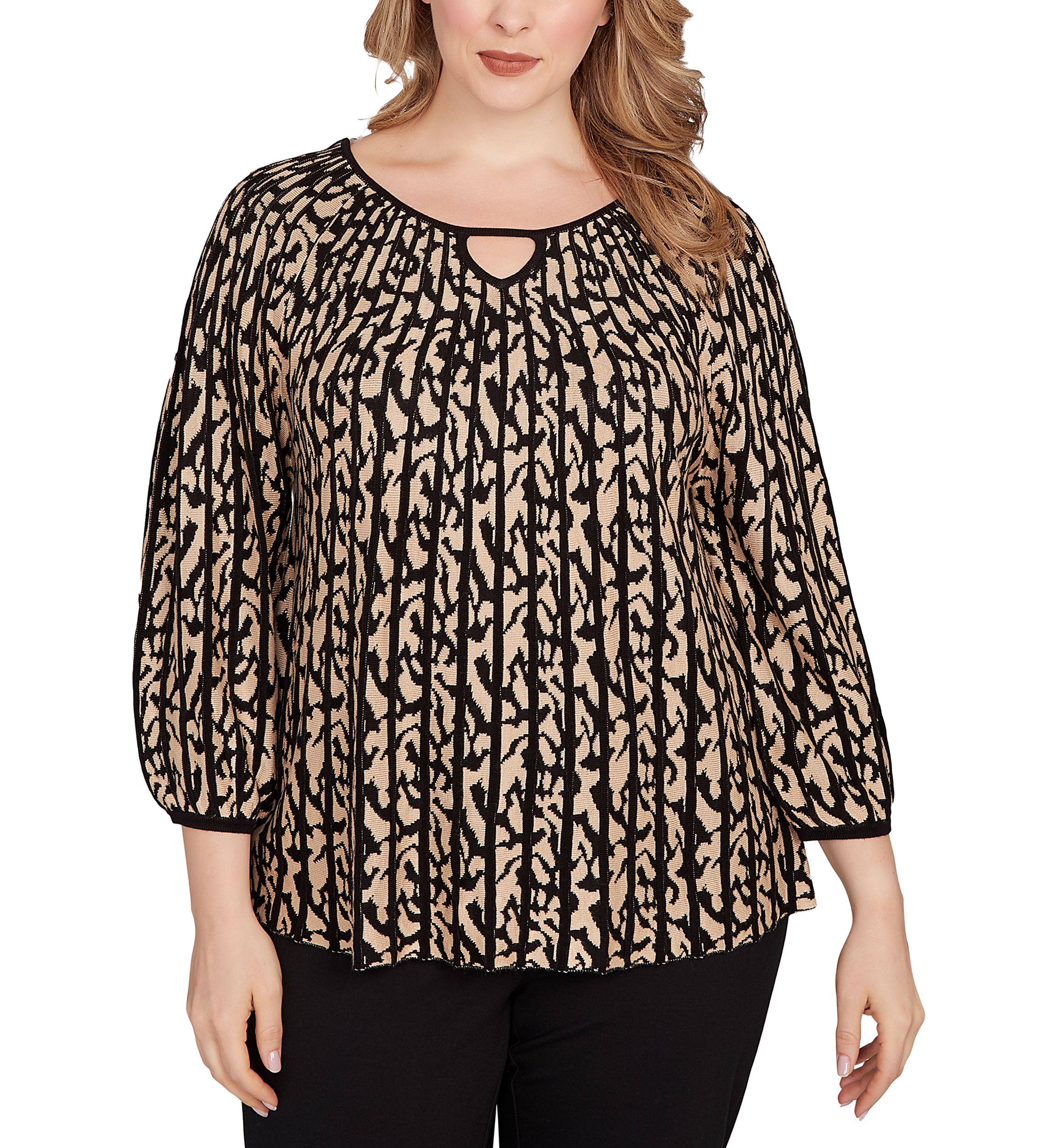 Plus Size Gored Texture Animal Print Sweater