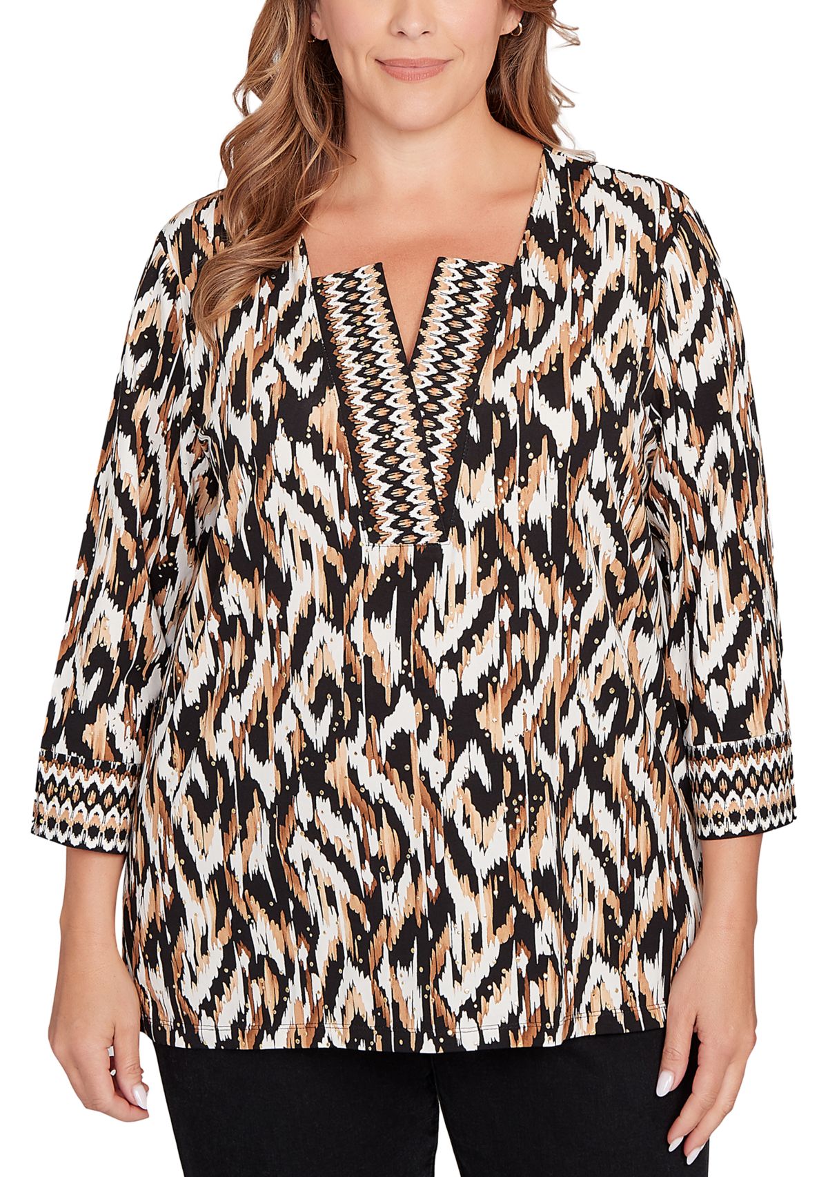 Plus Size Split Neck Ikat Dewdrop Knit Top