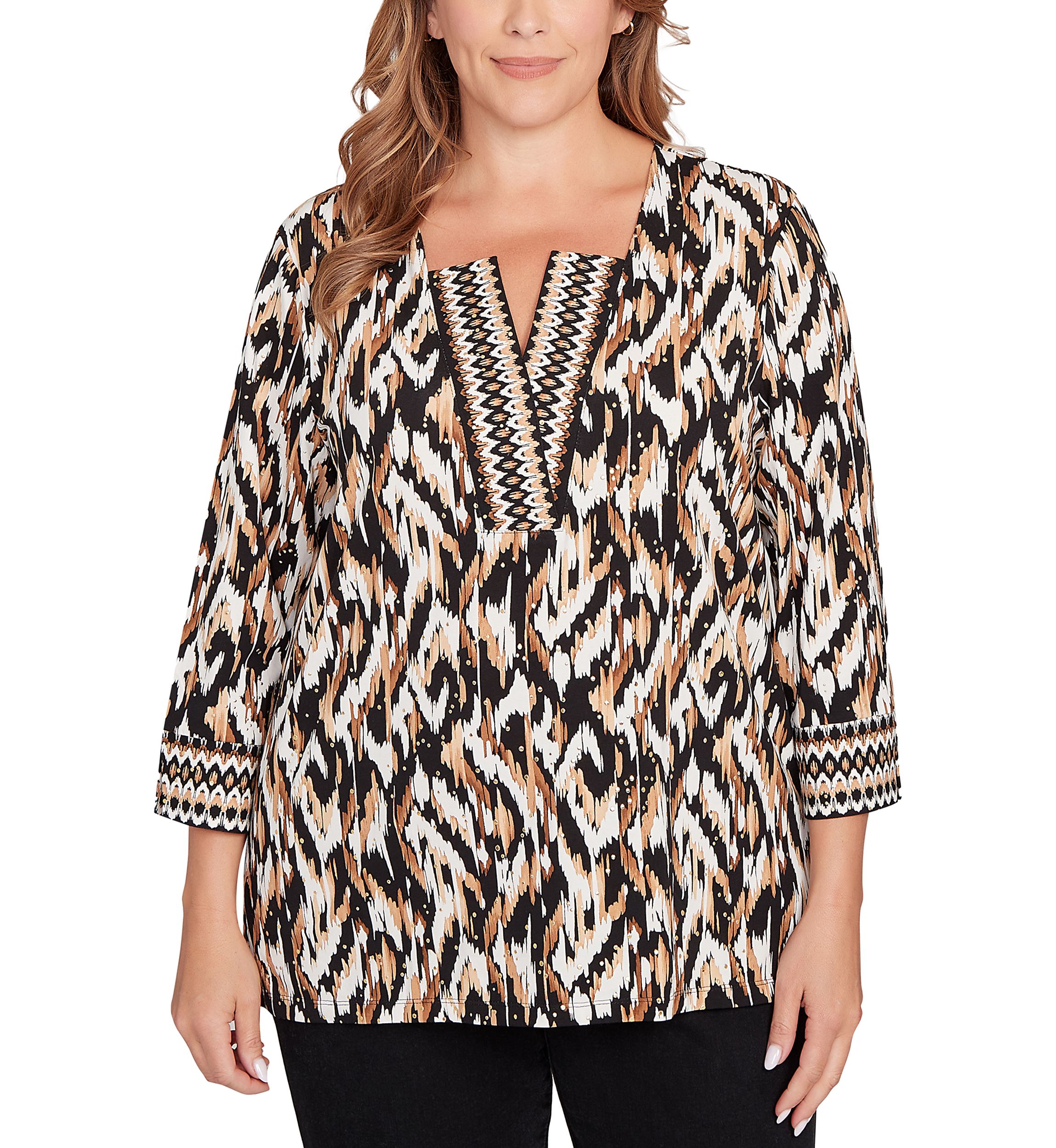 Plus Size Split Neck Ikat Dewdrop Knit Top