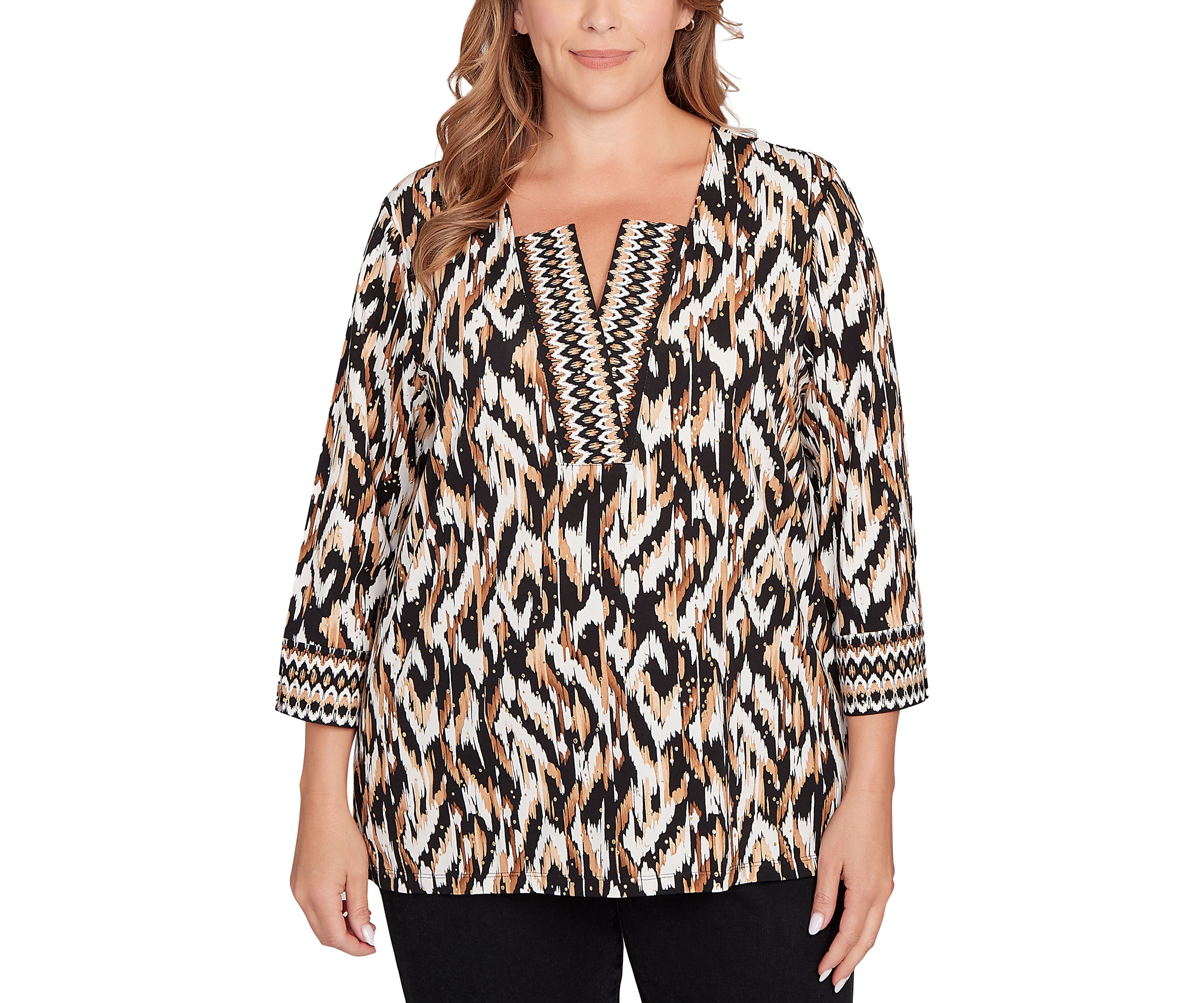 Plus Size Split Neck Ikat Dewdrop Knit Top