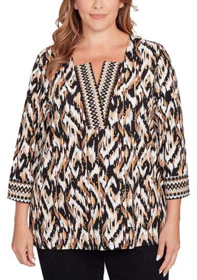 Plus Size Split Neck Ikat Dewdrop Knit Top