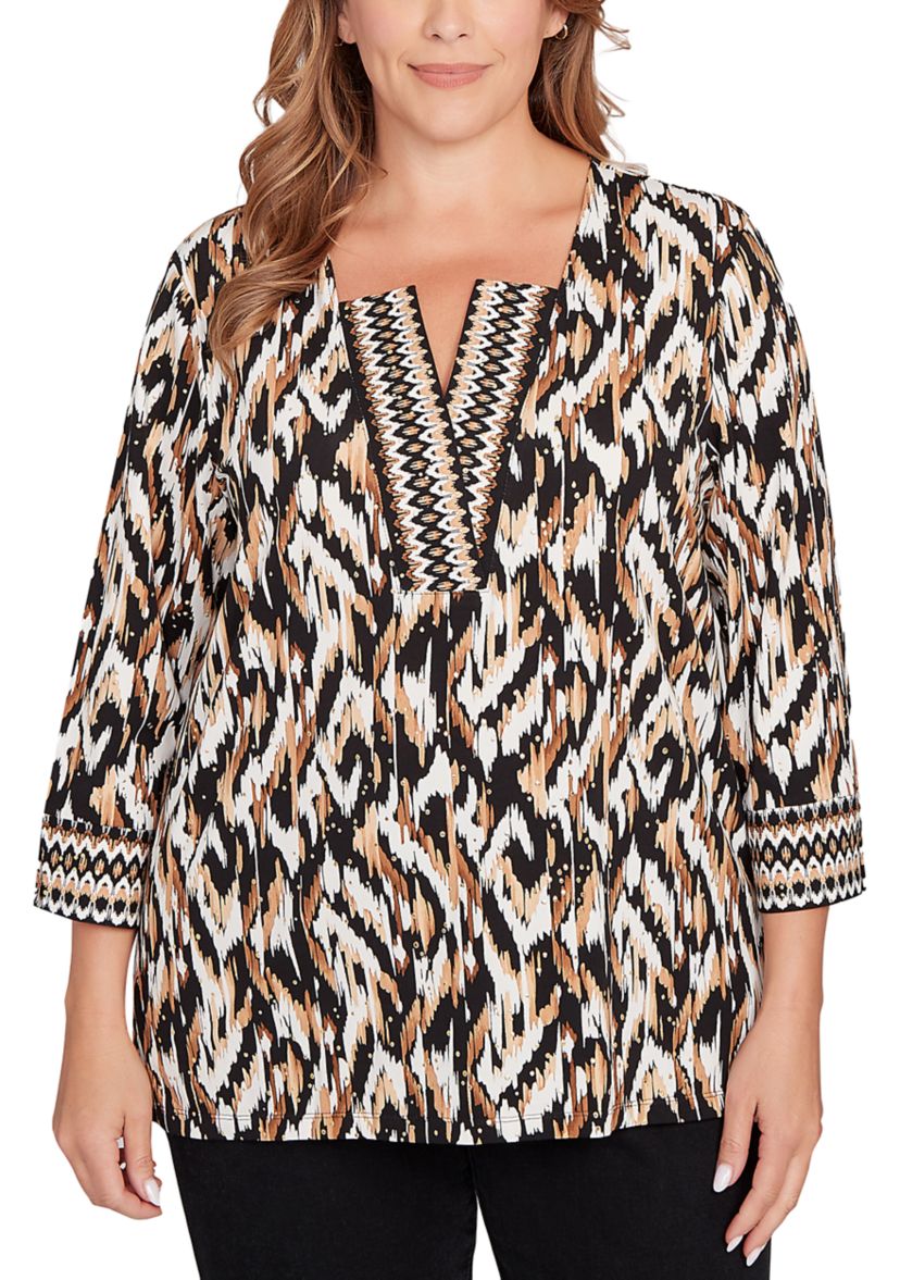 Plus Size Split Neck Ikat Dewdrop Knit Top