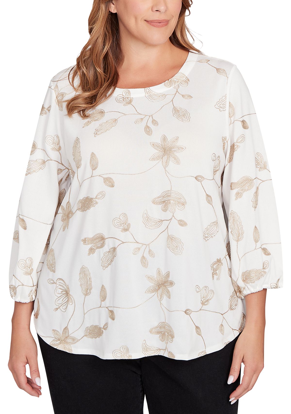 Plus Size Metallic Embroidered Floral Top