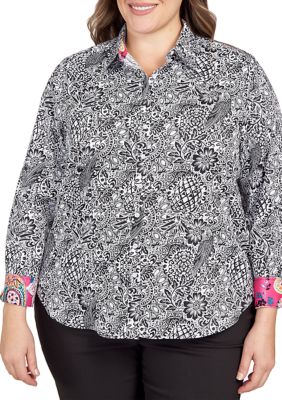 Plus Wrinkle Resistant Tropical Paradise Print Button Down Shirt